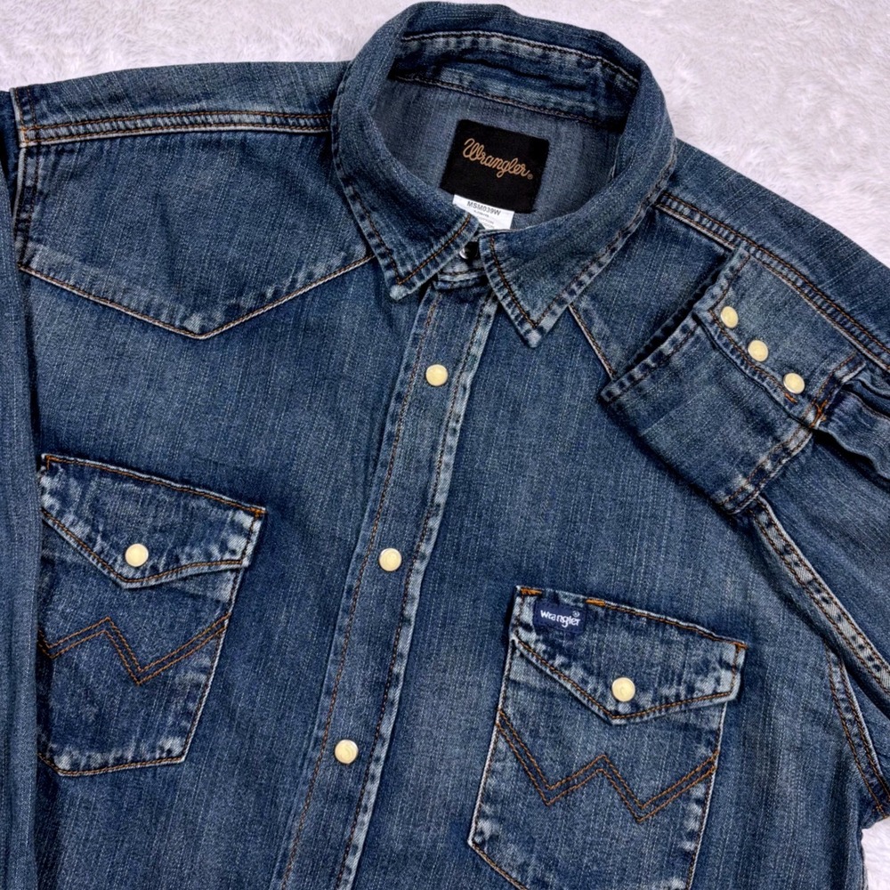 Wrangler Western Shirt Men L Blue Denim Pearl Snap Long Slv Heavy Cowboy Rodeo